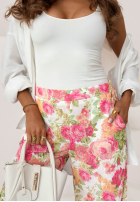 Lniane spodnie wide leg w kwiaty Warm Touch różowo-zielone