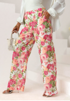 Lniane spodnie wide leg w kwiaty Warm Touch różowo-zielone