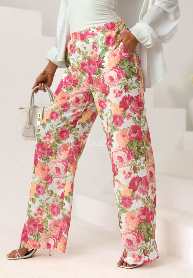 Lniane spodnie wide leg w kwiaty Warm Touch r&oacute;żowo-zielone