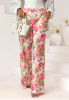 Lniane spodnie wide leg w kwiaty Warm Touch różowo-zielone