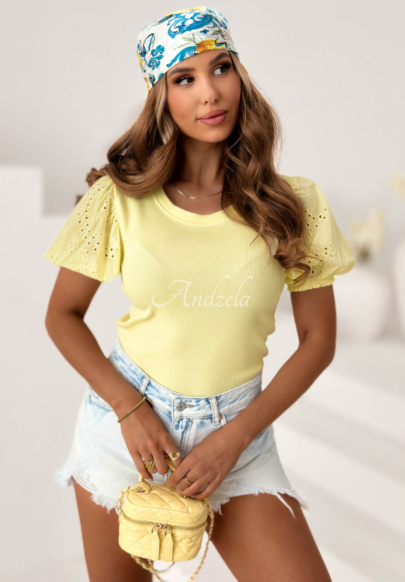 Sonella Yellow Striped Cotton Blouse with Openwork Puff Sleeves