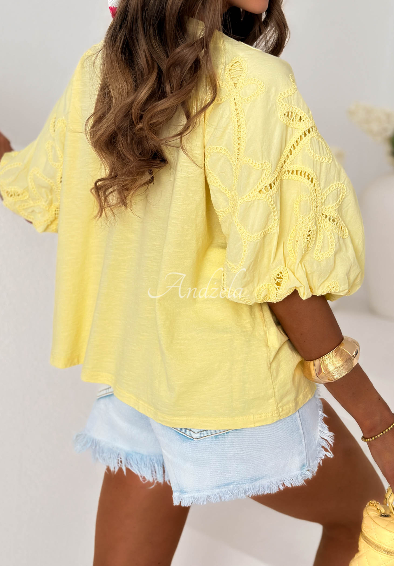 Positano Holiday Yellow Cotton Blouse with Openwork Puff Sleeves