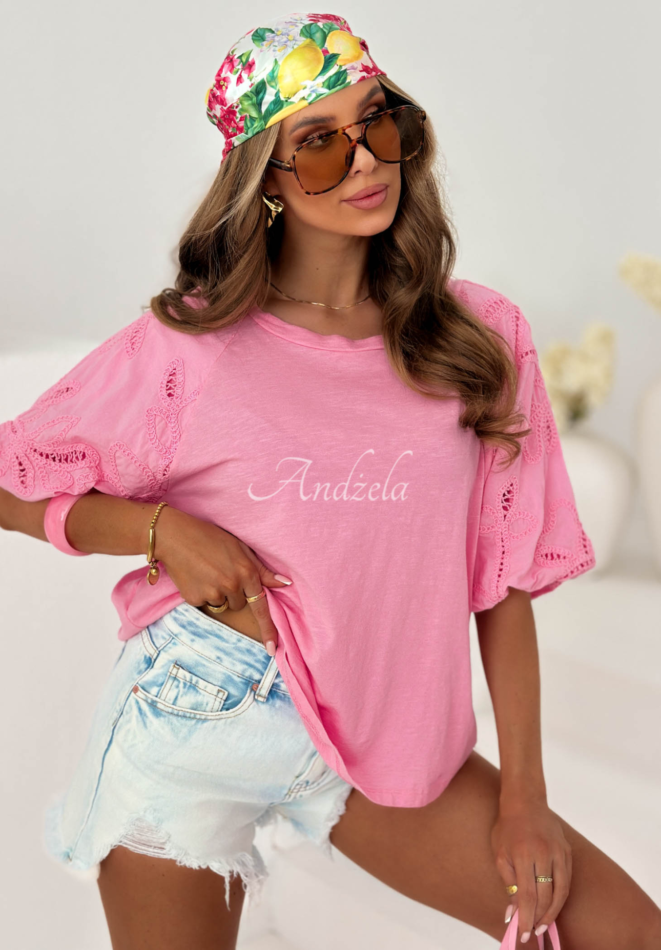 Positano Holiday Pink Cotton Blouse with Openwork Puff Sleeves