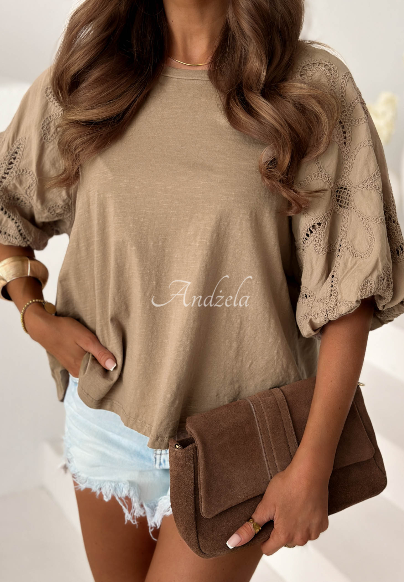 Camel-colored Positano Holiday cotton blouse with openwork puff sleeves