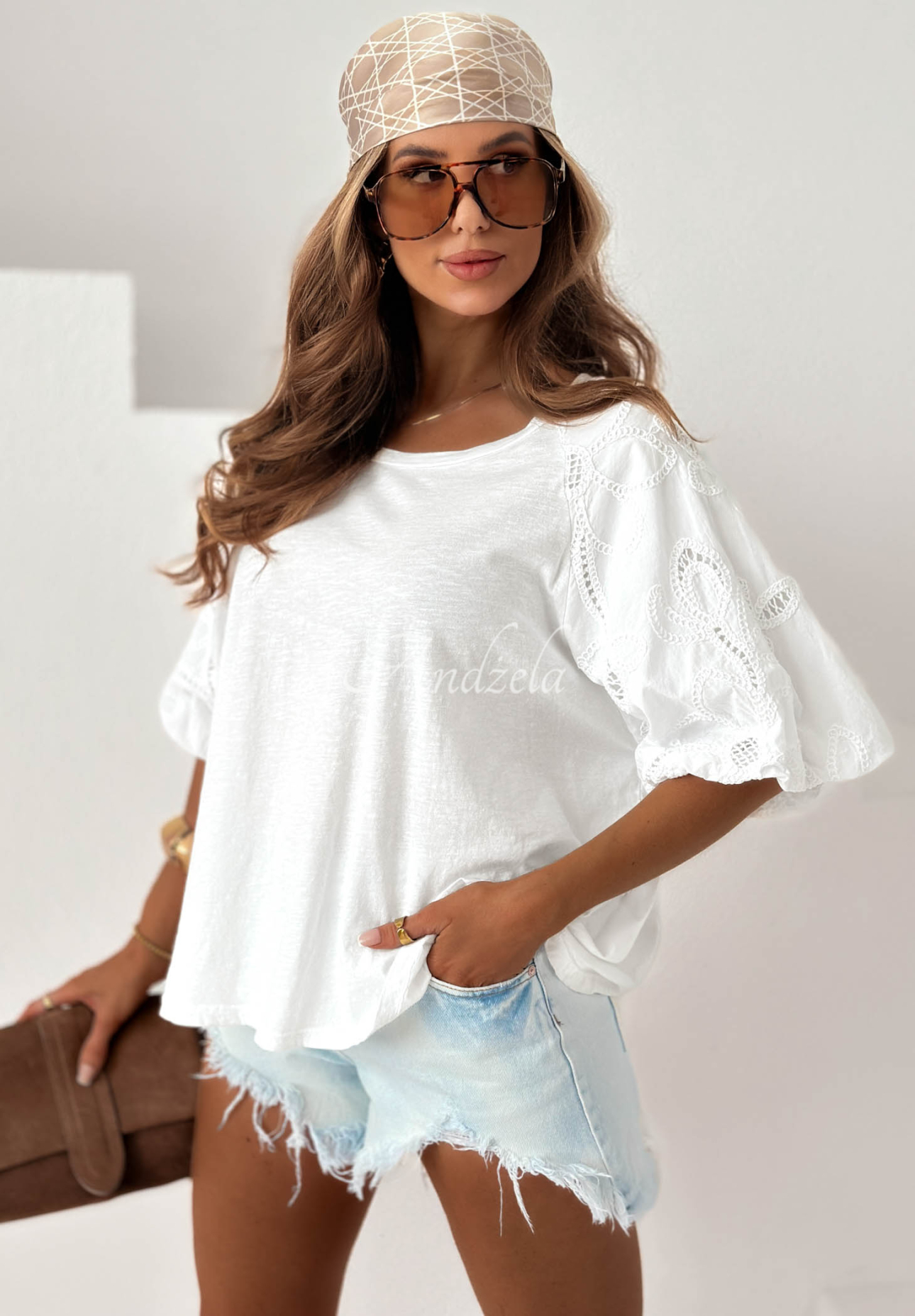Positano Holiday White Cotton Blouse with Openwork Puff Sleeves