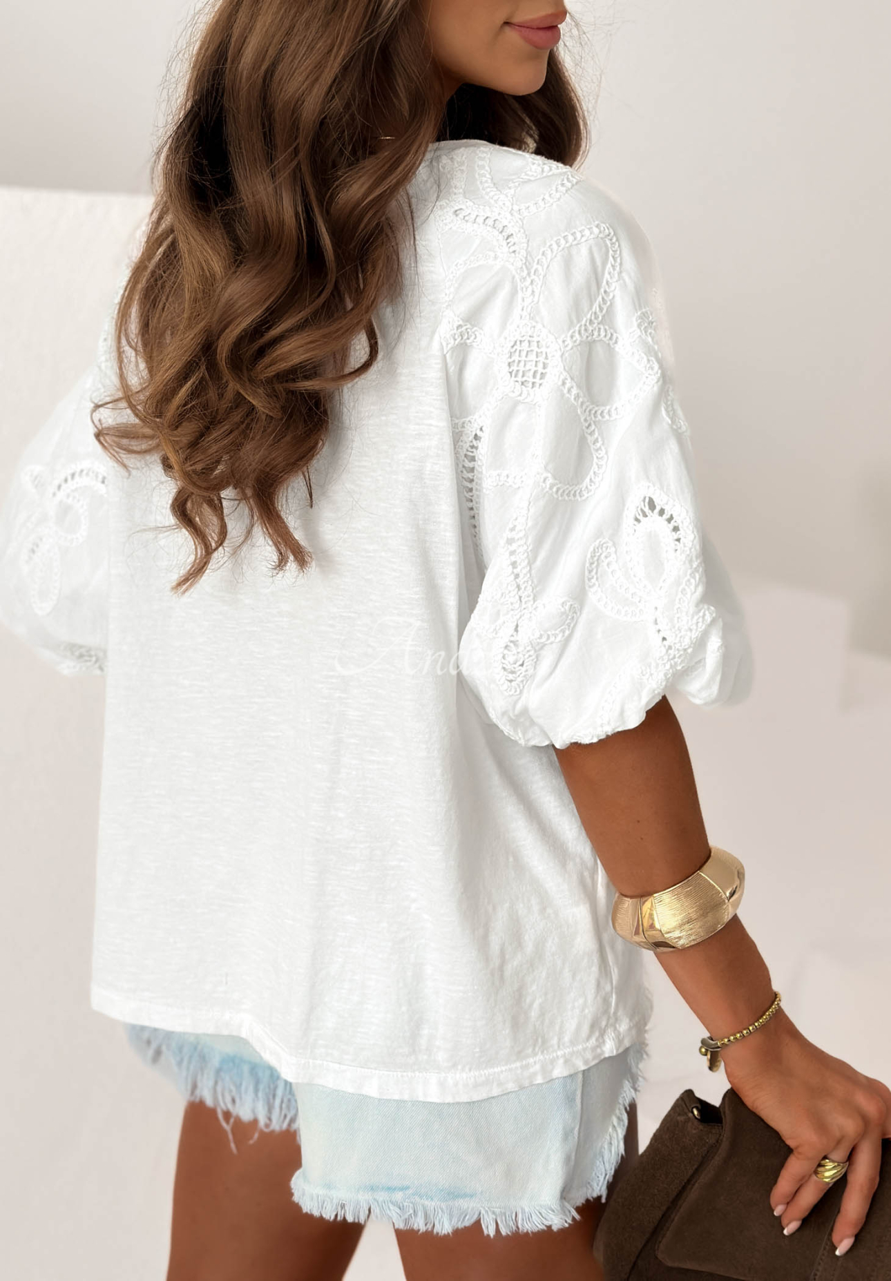 Positano Holiday White Cotton Blouse with Openwork Puff Sleeves
