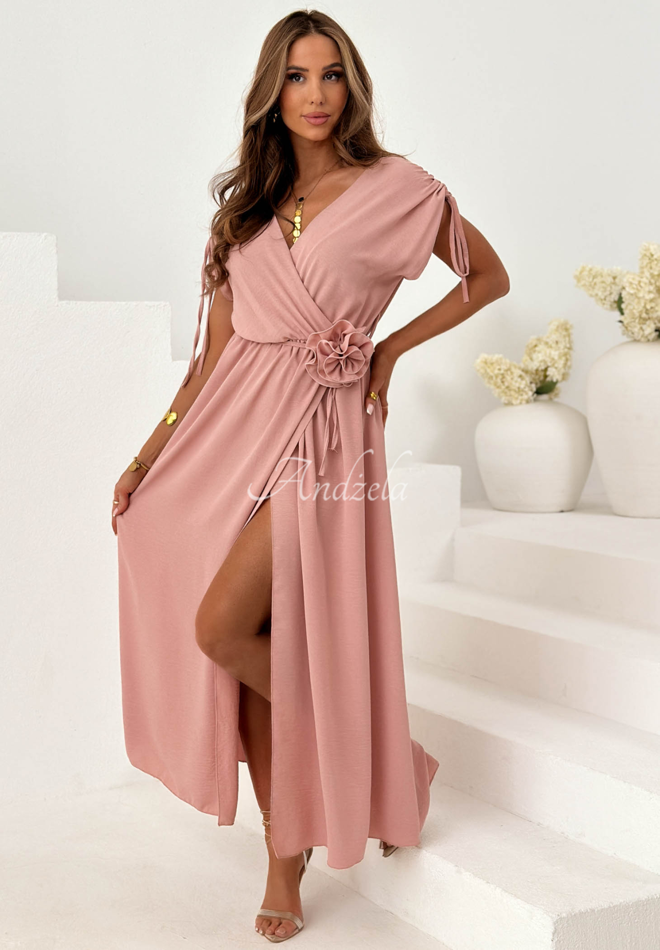 Viscose dress with ribbed trim and a rose, Dreamy Garden powder pink