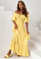 Kwiecista sukienka maxi z bufkami i falbankami Mirabilis pudrowy róż