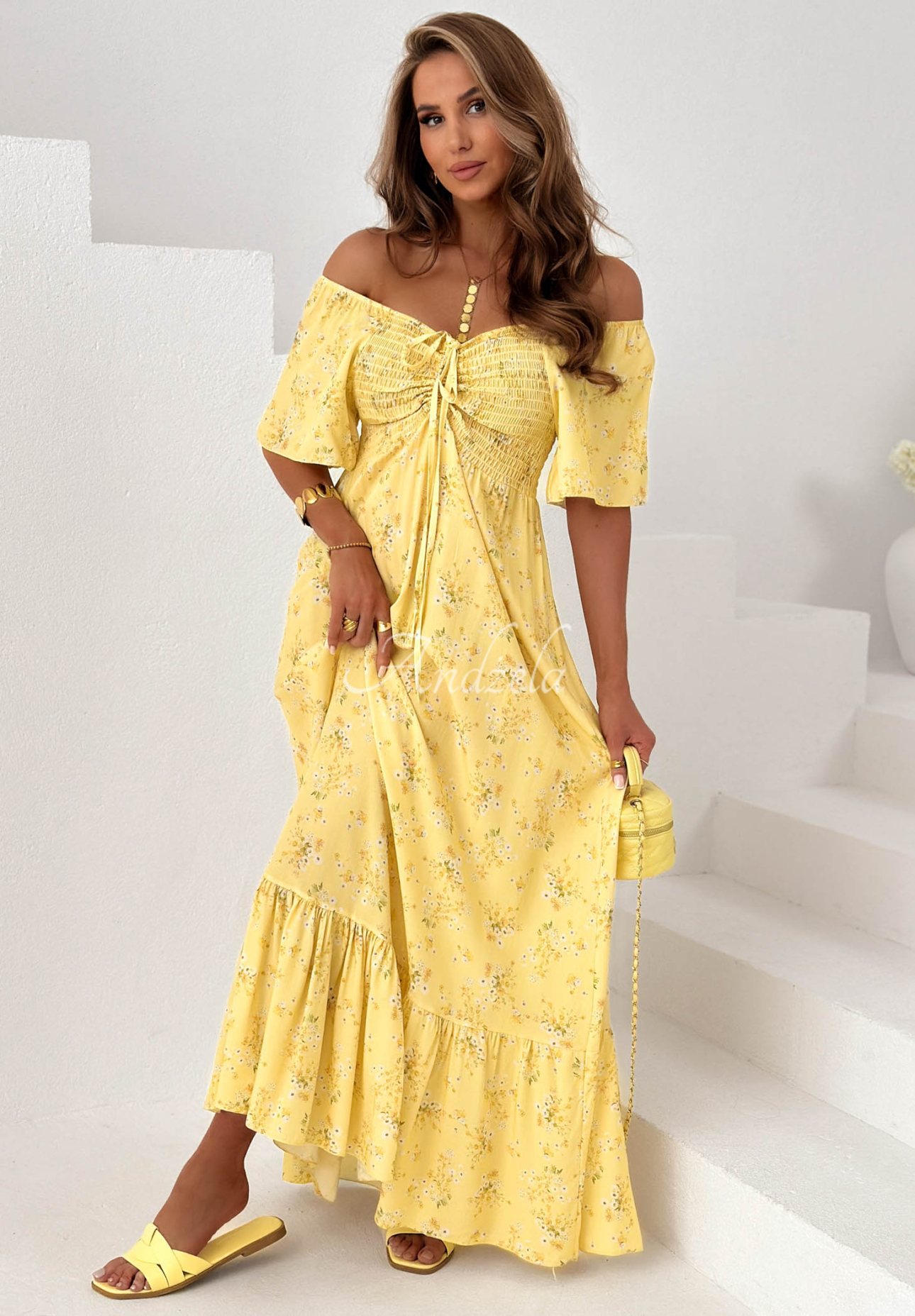 Summer Garden Yellow: Floral Viscose Dress with Tie and Ruffles