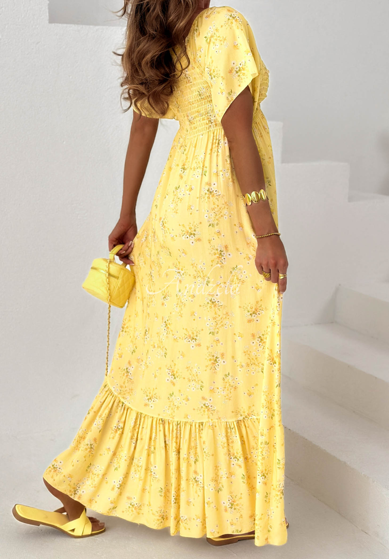 Summer Garden Yellow: Floral Viscose Dress with Tie and Ruffles