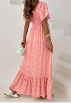 Kwiecista sukienka maxi z bufkami i falbankami Mirabilis pudrowy róż