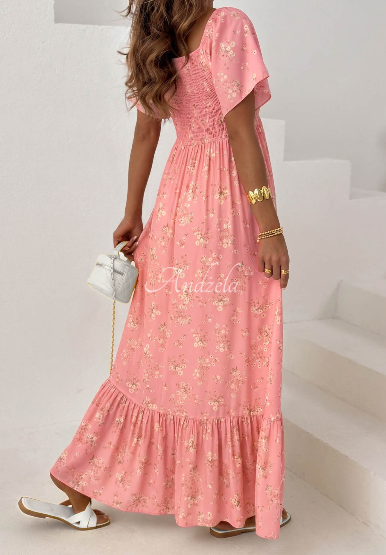 Summer Garden Pink: A floral viscose dress with a tie and ruffle