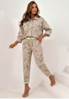 Kwieciste spodnie mom fit z paskiem Olive beżowe