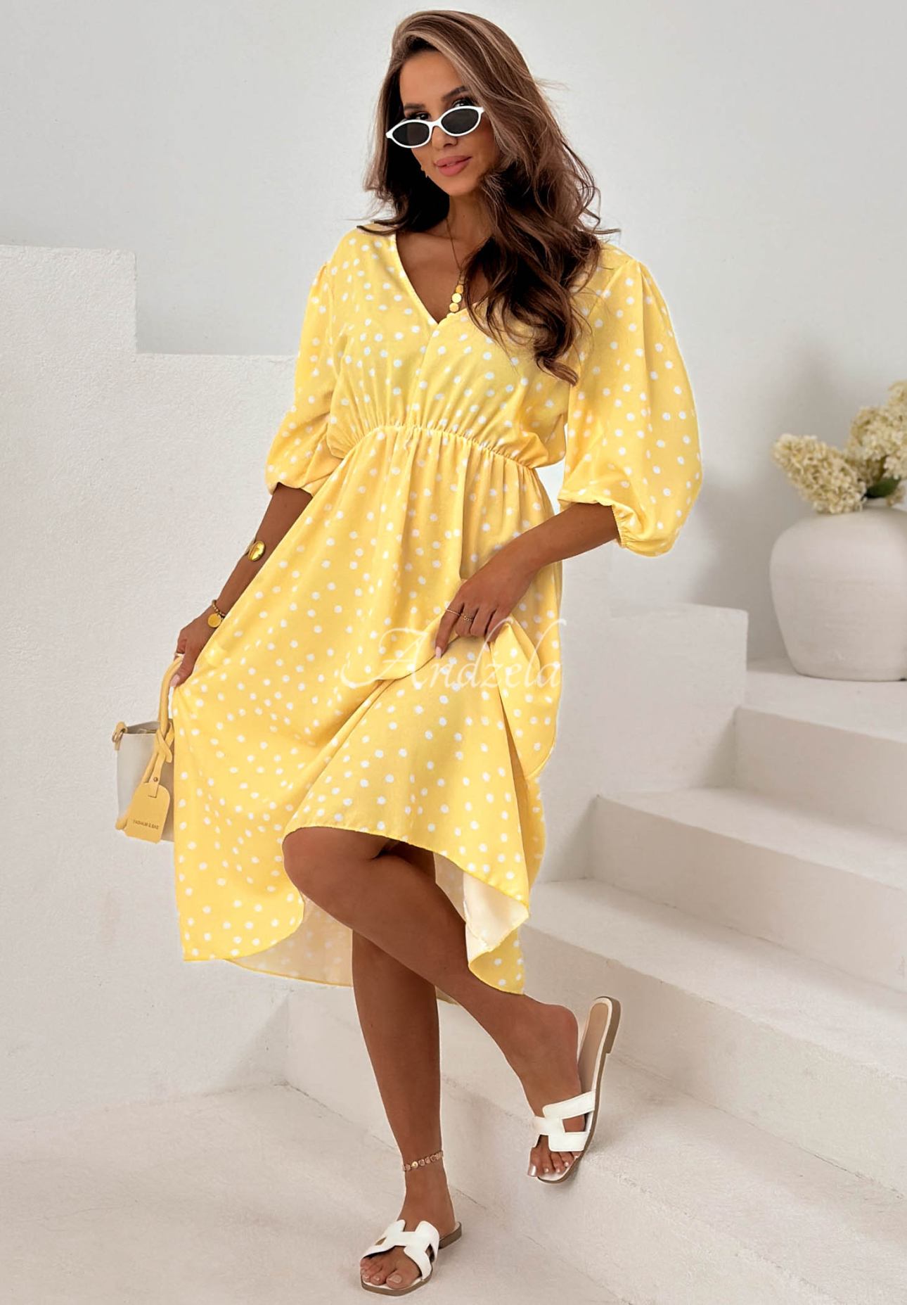 Portofino Yellow Viscose Polka Dot Midi Dress