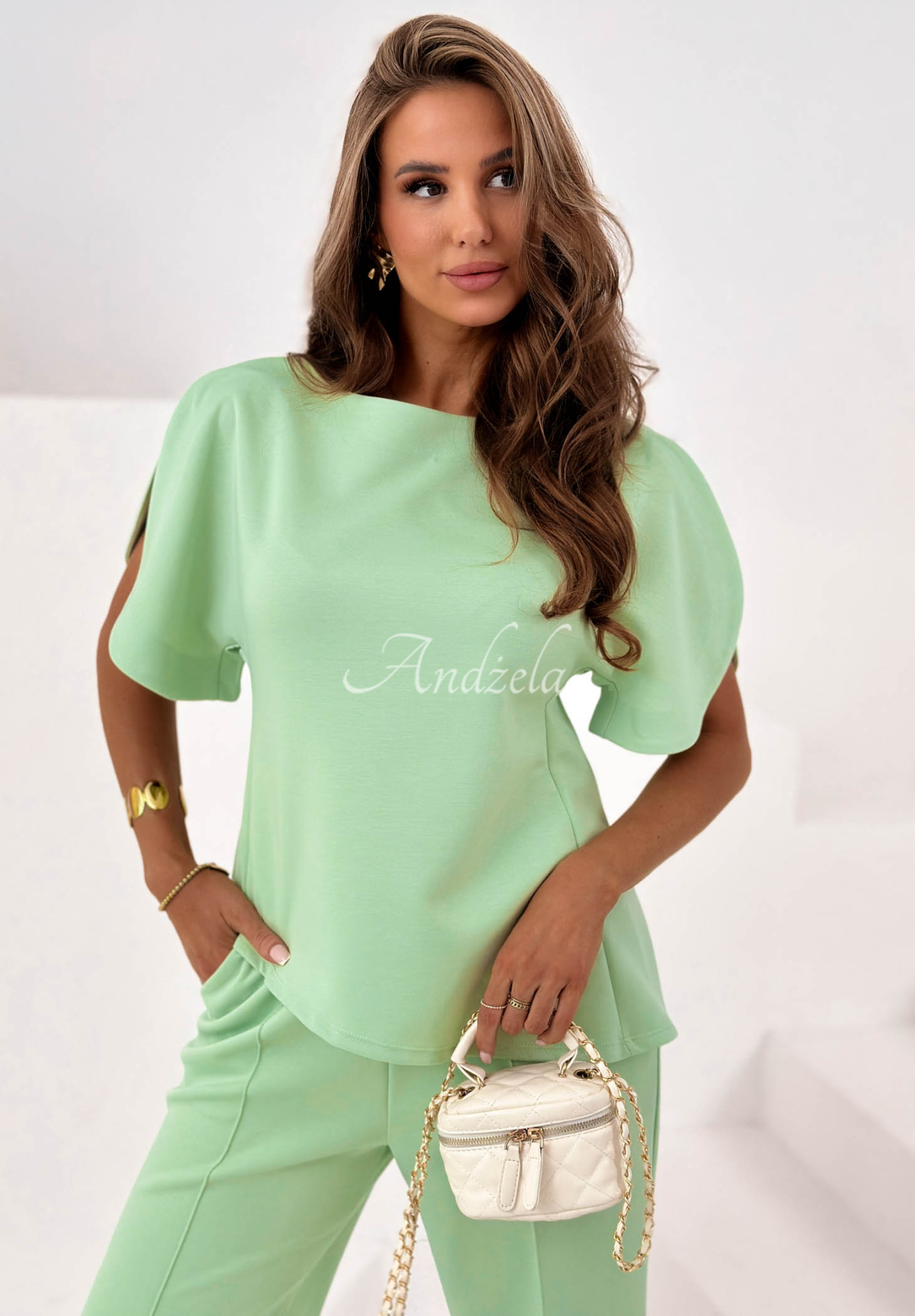 Asymmetrical blouse and wide-leg pants set with viscose from Comfy Trip in pistachio