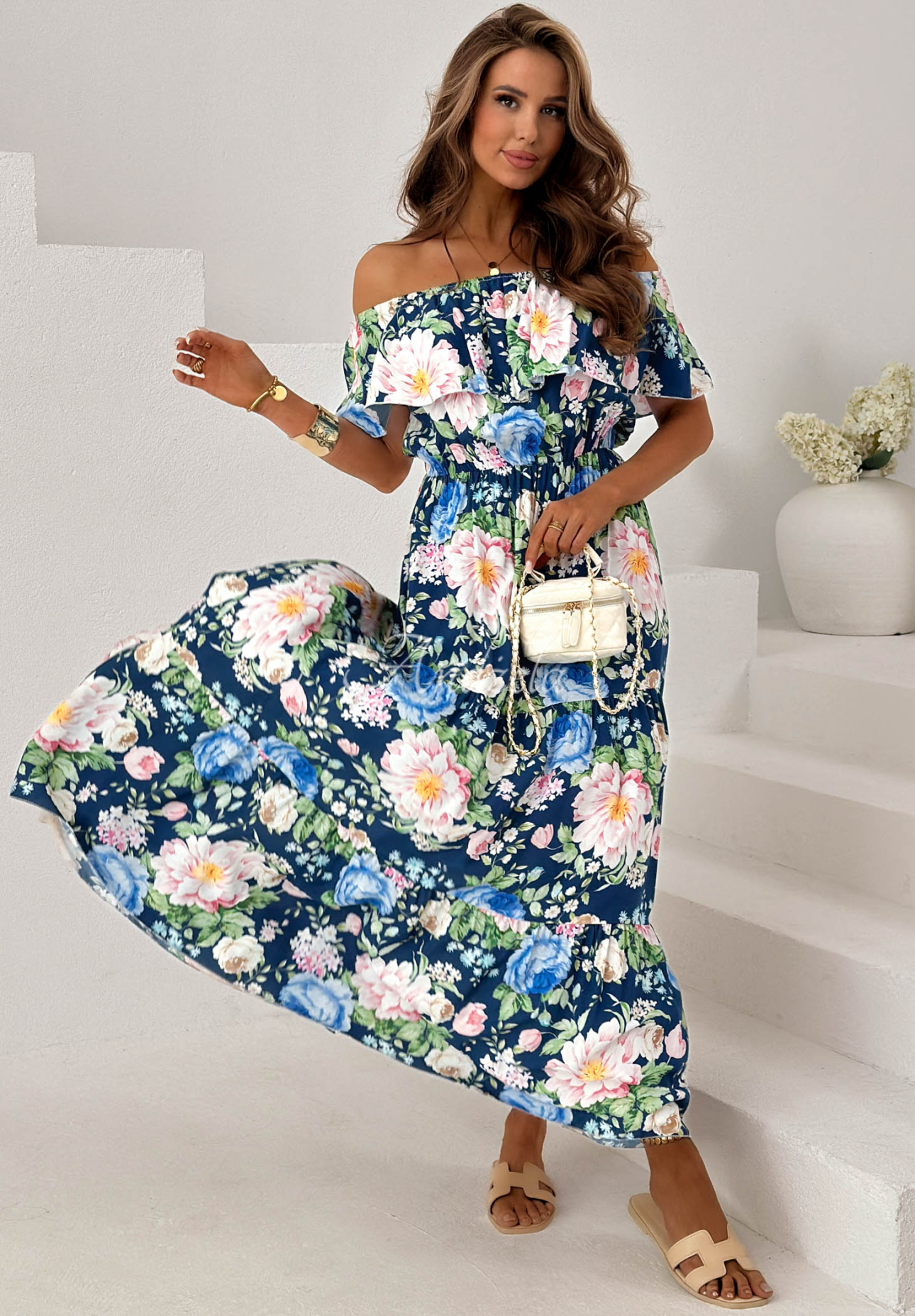 Riviera Bloom Navy Blue Floral Viscose Dress with Ruffles