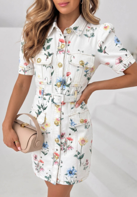 Flora Choice White Floral Denim Mini Dress with Belt