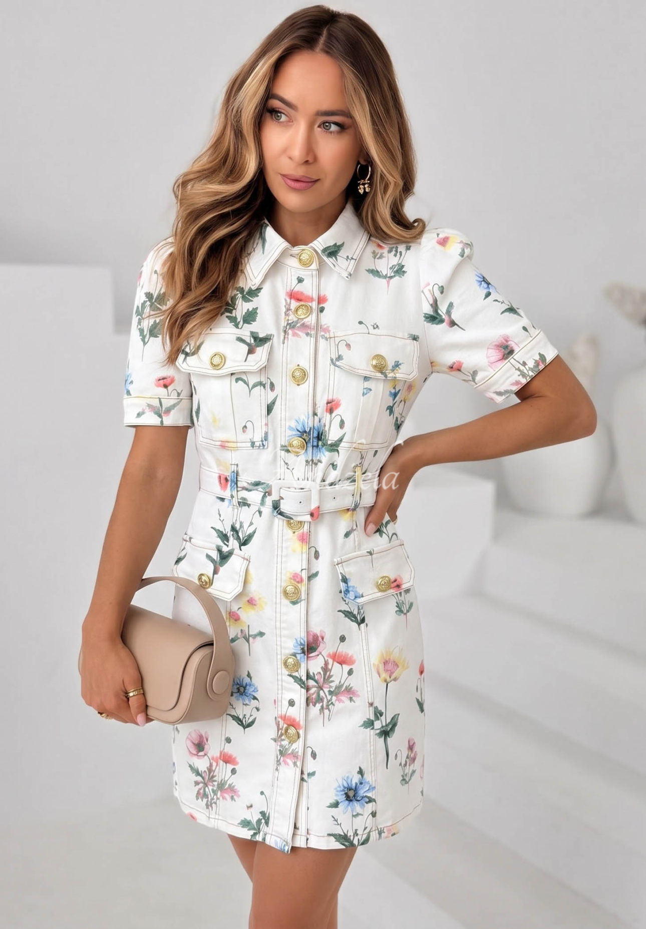 Flora Choice White Floral Denim Mini Dress with Belt