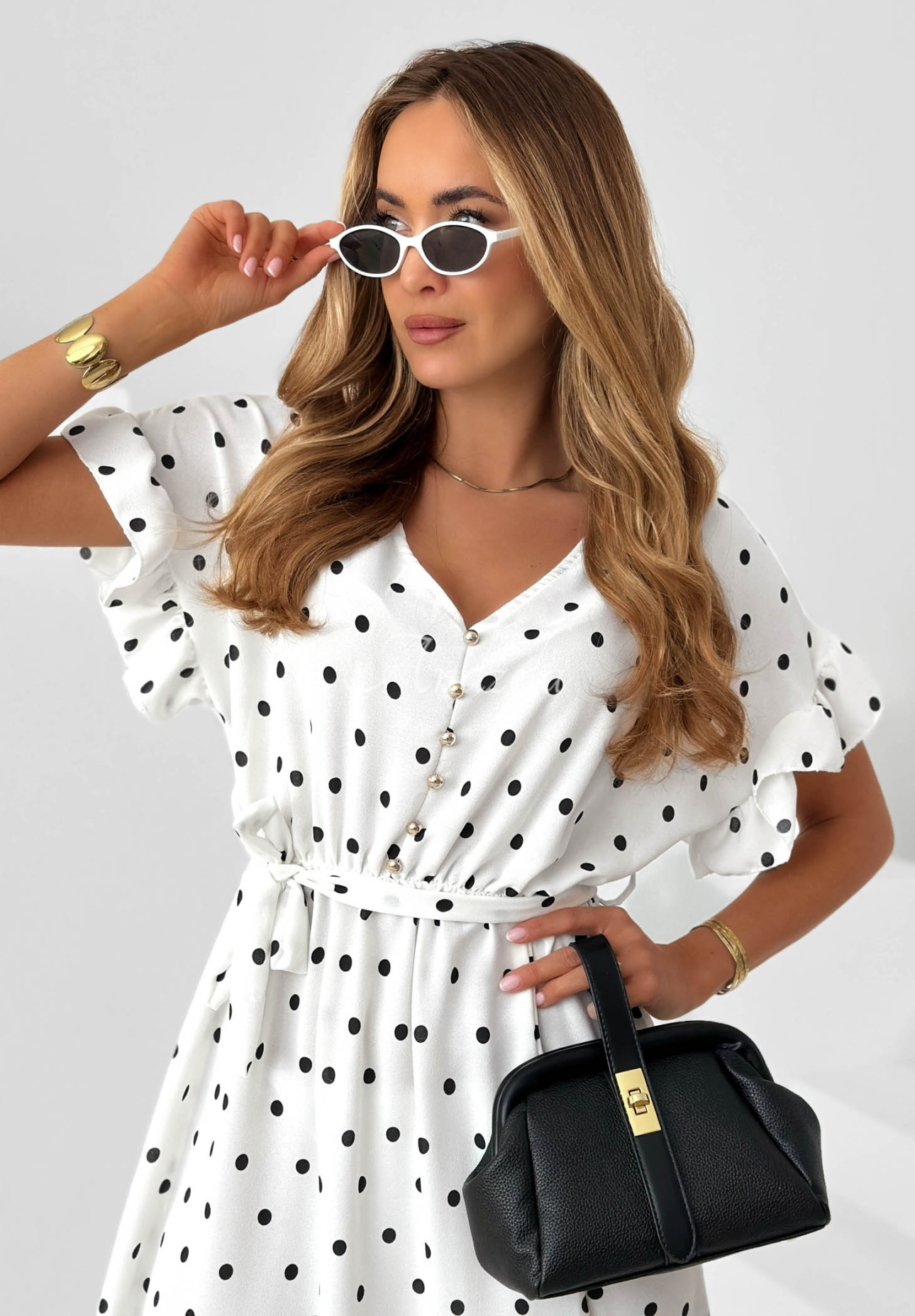 Take A Chance ecru polka-dot dress with a belt and viscose