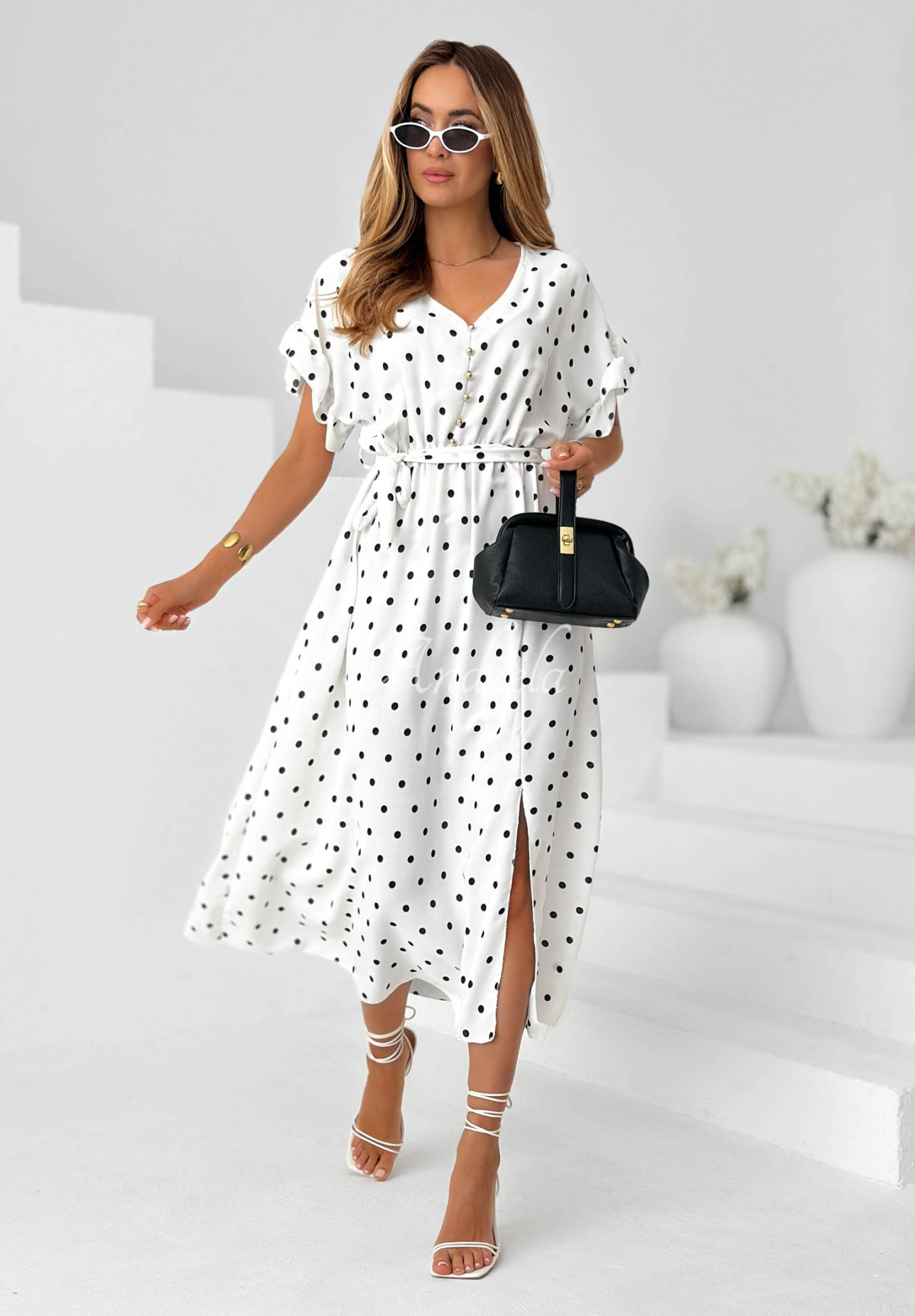 Take A Chance ecru polka-dot dress with a belt and viscose