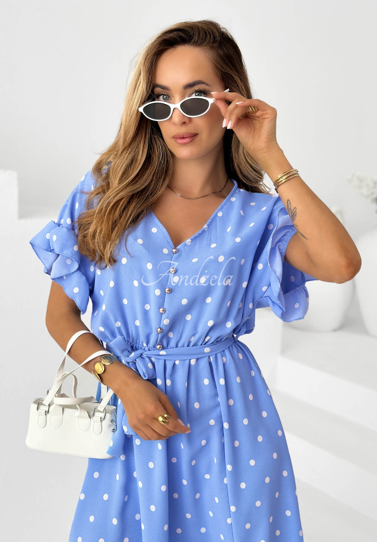 Take A Chance Blue Polka Dot Dress with Belt and Viscose
