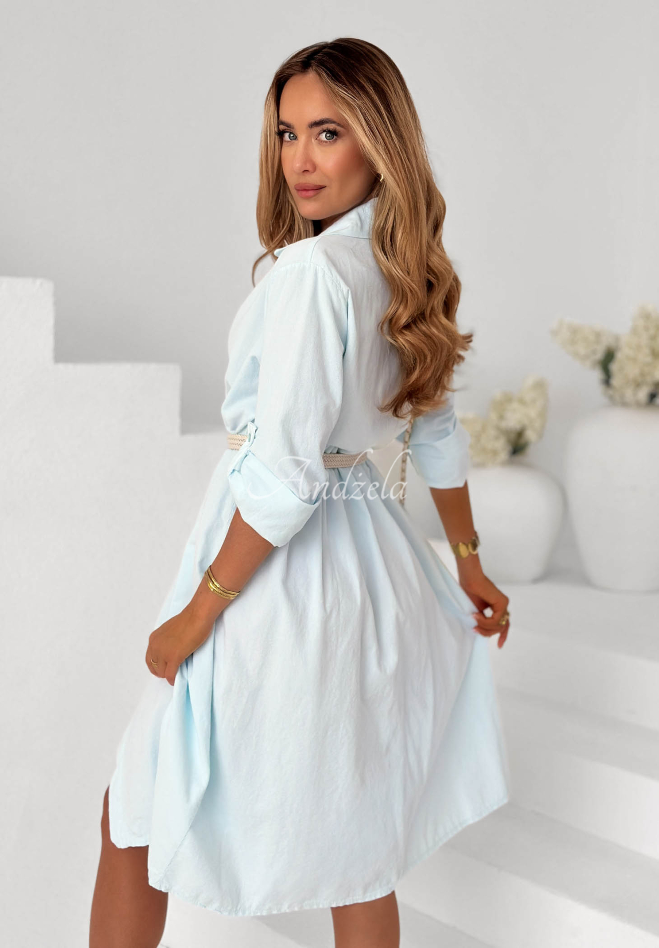 Pure Moment Light Blue Cotton Corduroy Shirt Dress