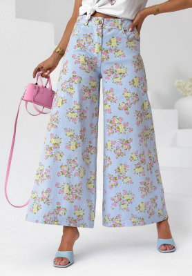 Flower Vibes wide-leg denim pants with a floral print in sky blue