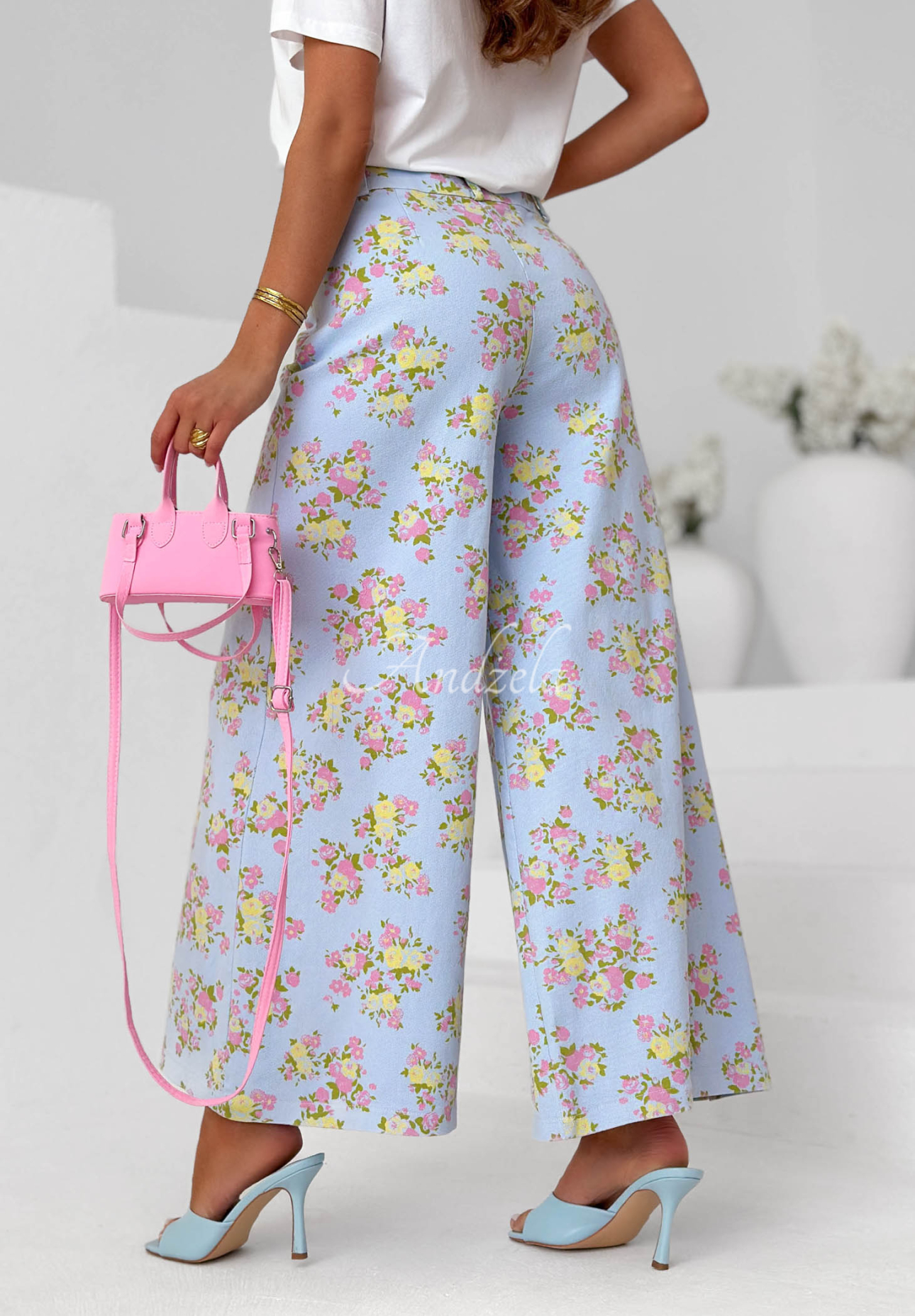 Flower Vibes wide-leg denim pants with a floral print in sky blue