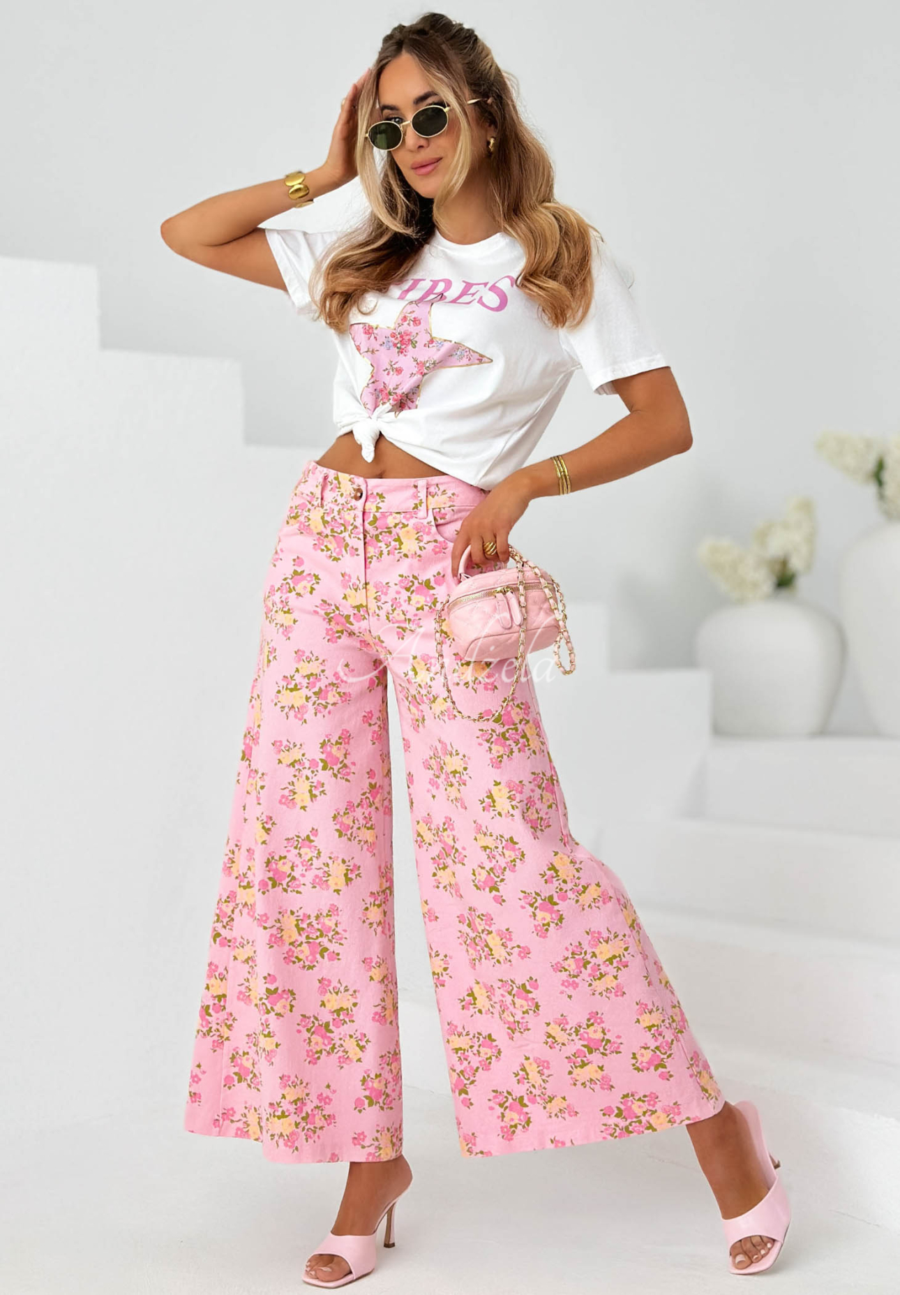 White and Pink "Flower Vibes" Printed Cotton T-Shirt