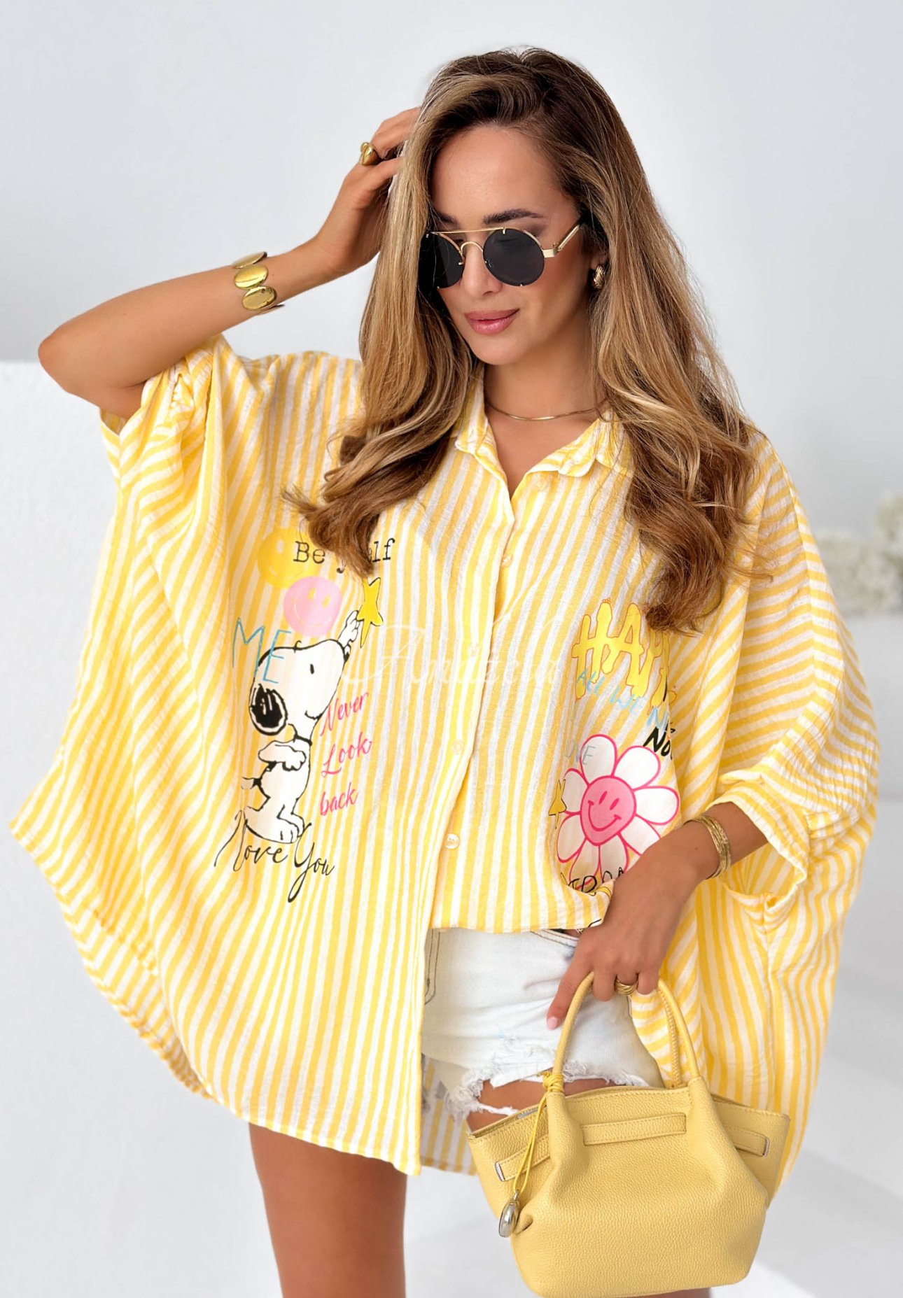Yellow oversized viscose striped shirt with "Happy Life" prints