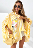 Oversizowa koszula w paski z nadrukami Happy Life żółta