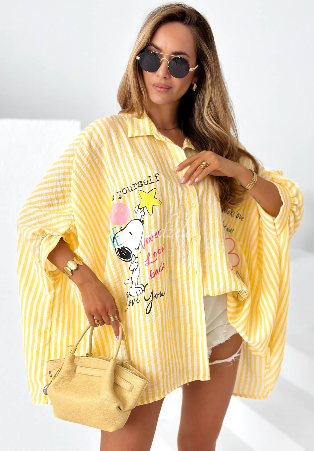 Yellow oversized viscose striped shirt with "Happy Life" prints