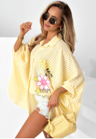 Oversizowa koszula w paski z nadrukami Happy Life żółta