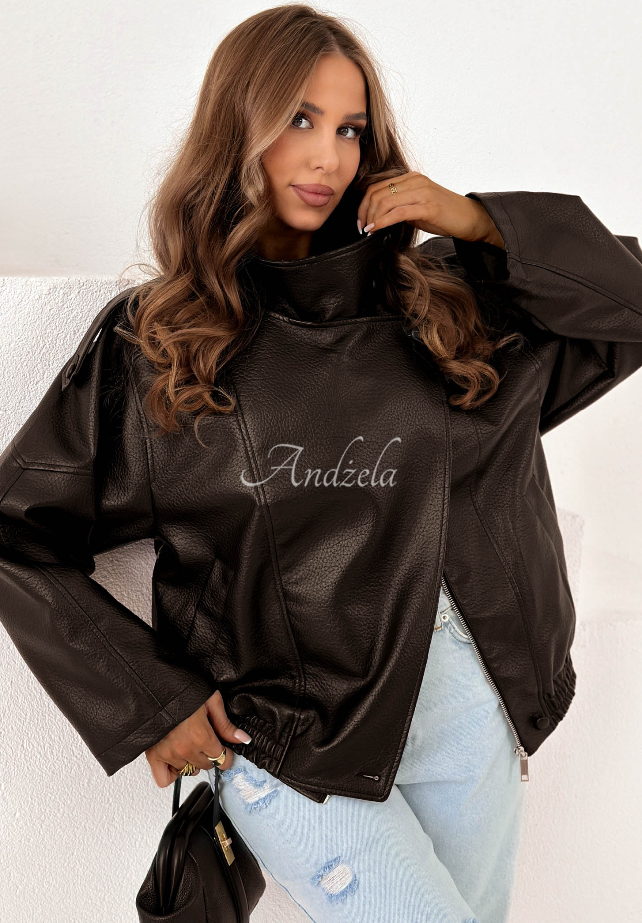 Amber Mood Chocolate Brown Leather Jacket with Drawstring