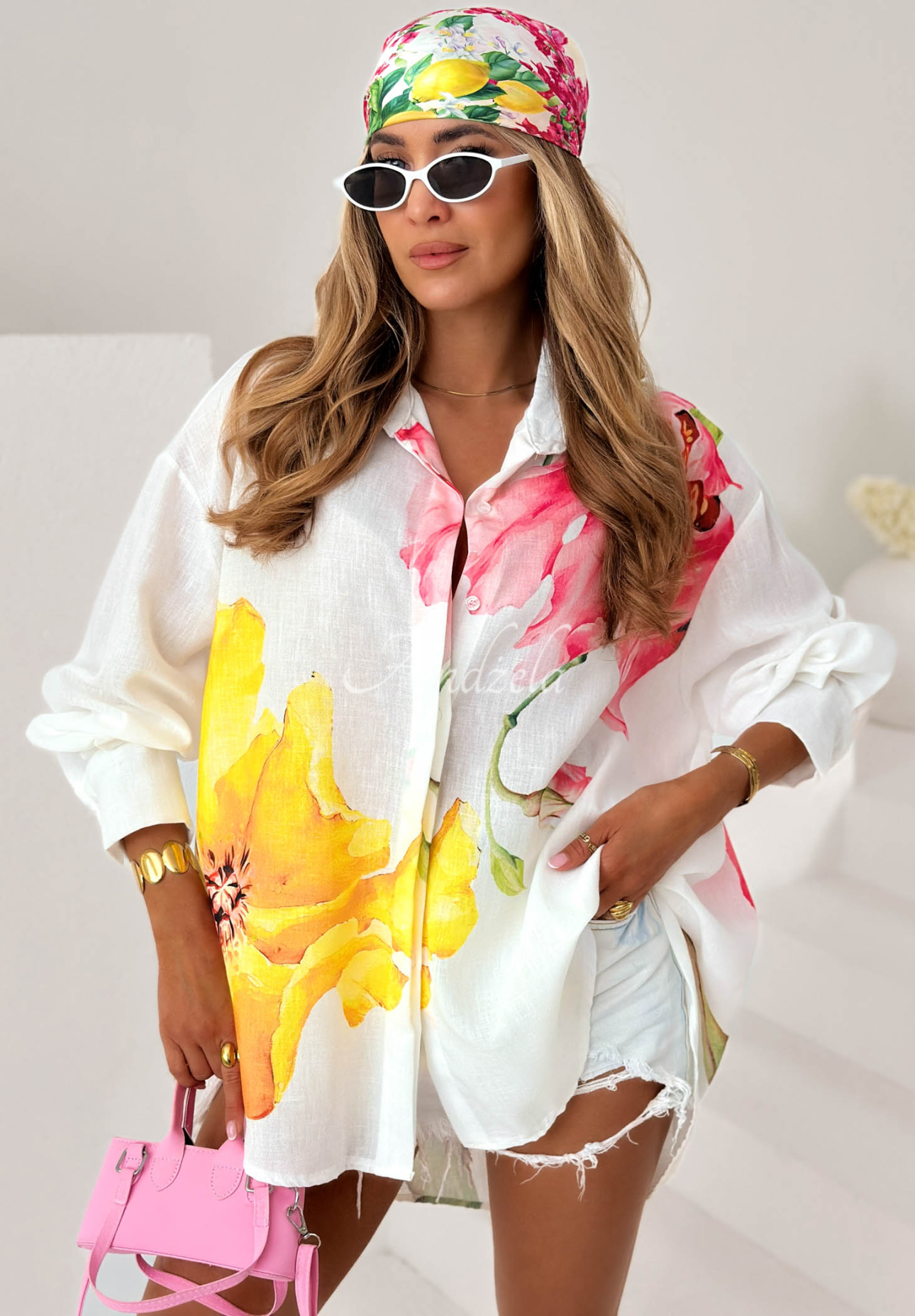 White asymmetrical linen shirt with a "Painted Flowers" print