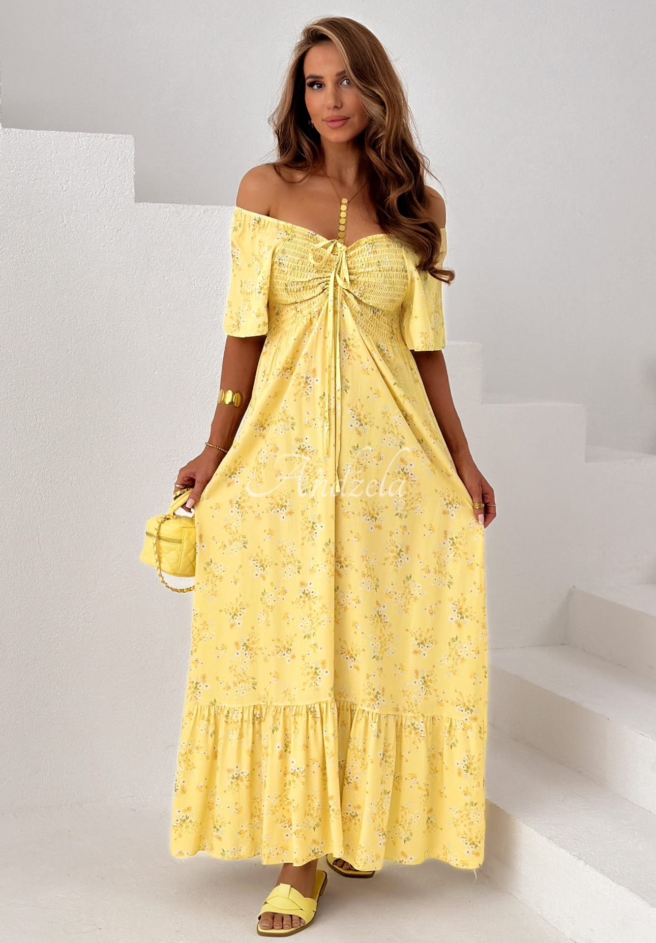 Summer Garden Yellow: Floral Viscose Dress with Tie and Ruffles