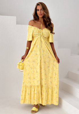 Summer Garden Yellow: Floral Viscose Dress with Tie and Ruffles