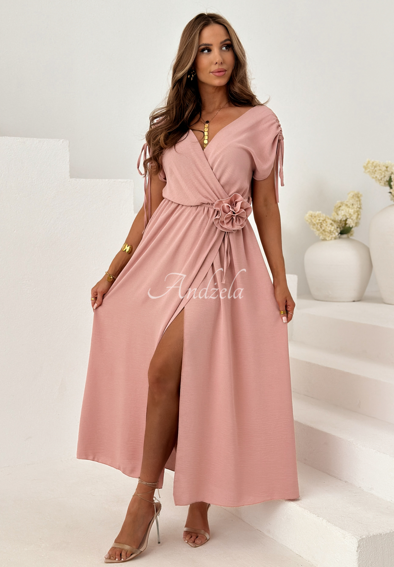Viscose dress with ribbed trim and a rose, Dreamy Garden powder pink