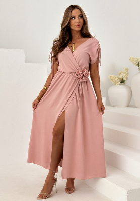 Viscose dress with ribbed trim and a rose, Dreamy Garden powder pink