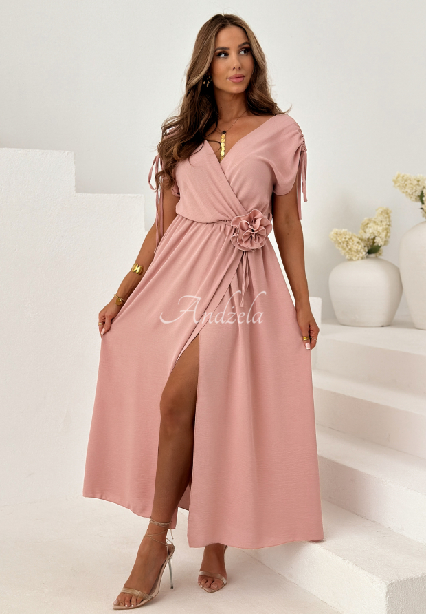 Wiskozowa sukienka ze ściągaczami i r&oacute;żą Dreamy Garden pudrowy r&oacute;ż