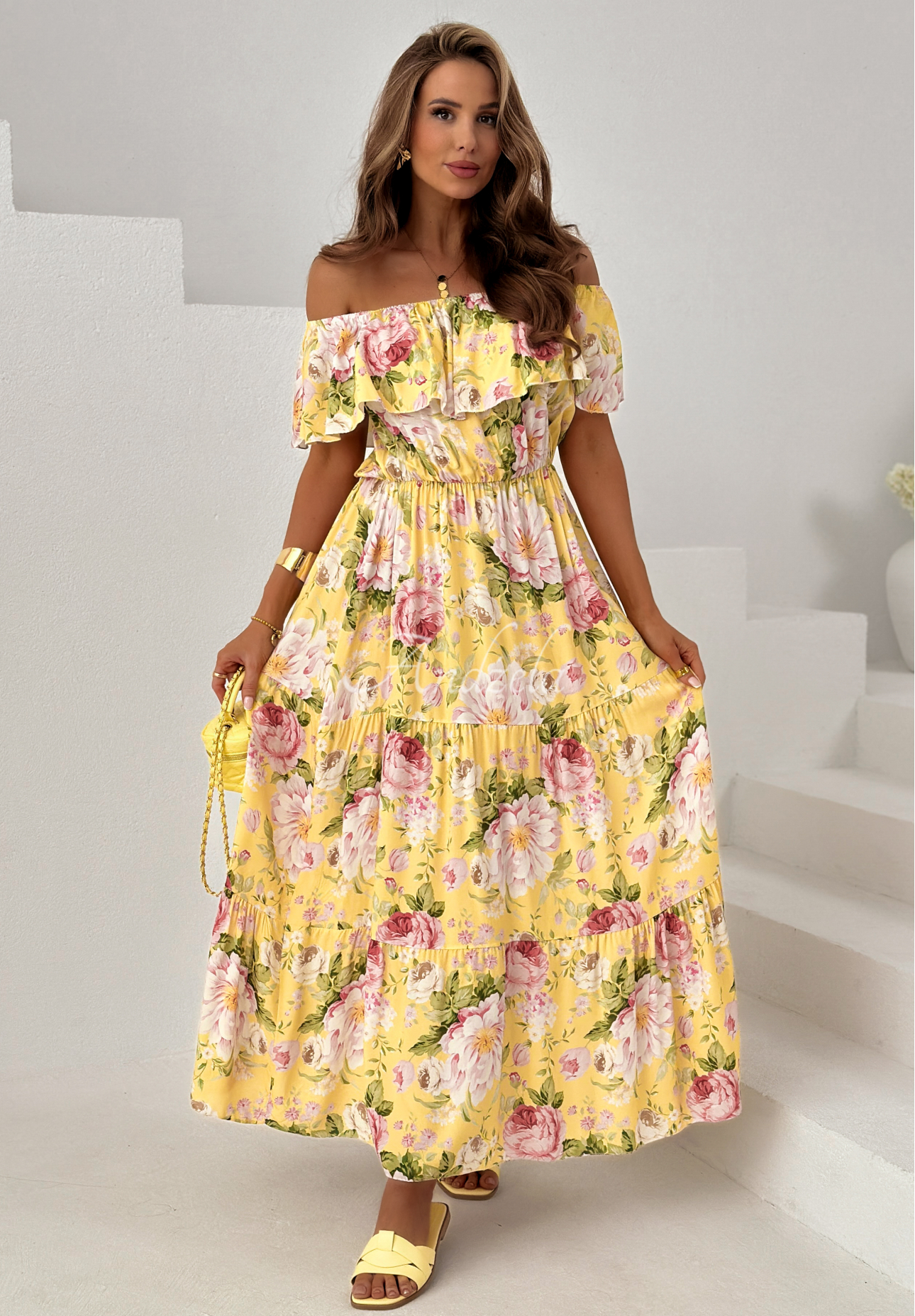 Riviera Bloom Yellow Floral Viscose Dress with Ruffles