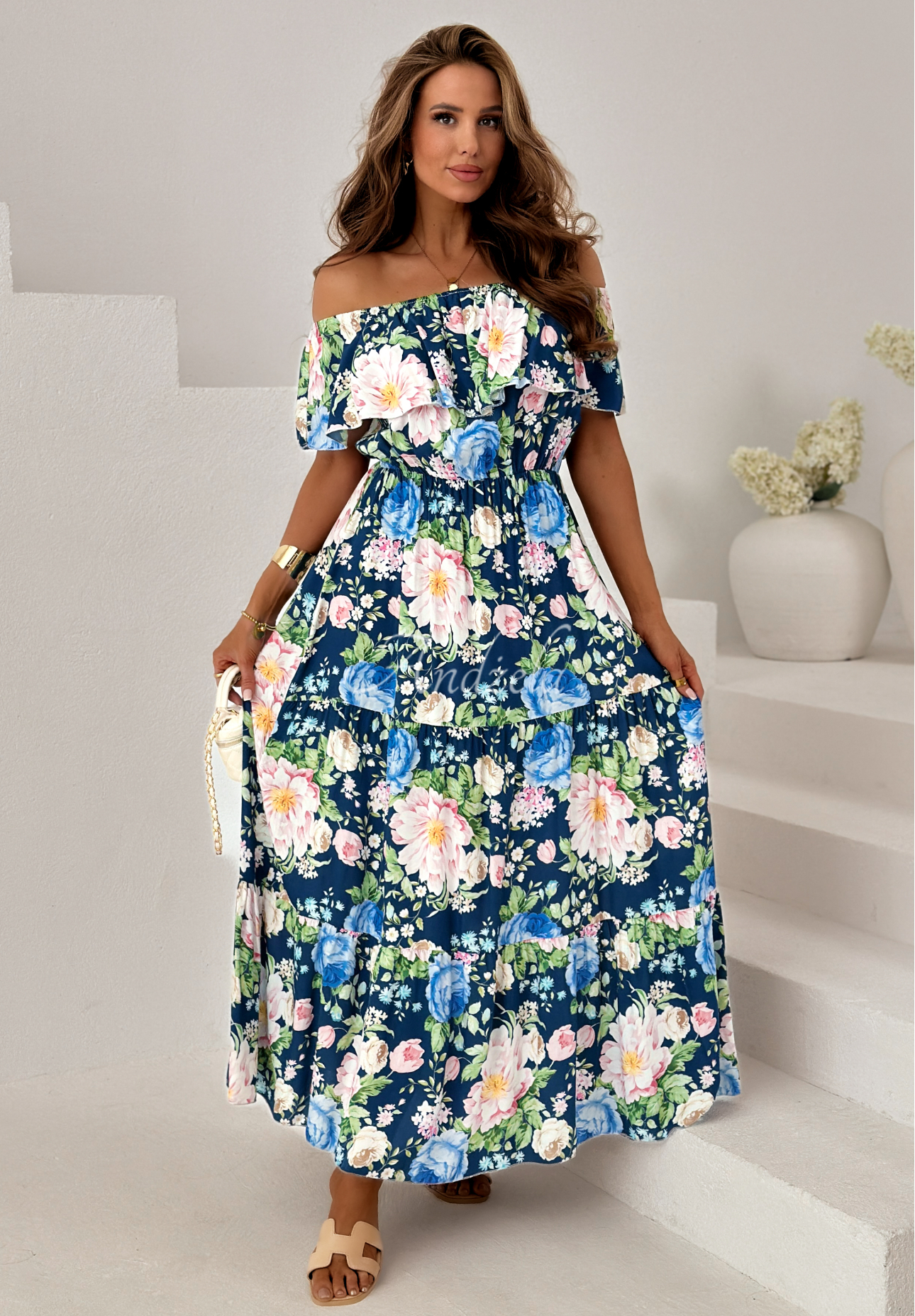 Riviera Bloom Navy Blue Floral Viscose Dress with Ruffles