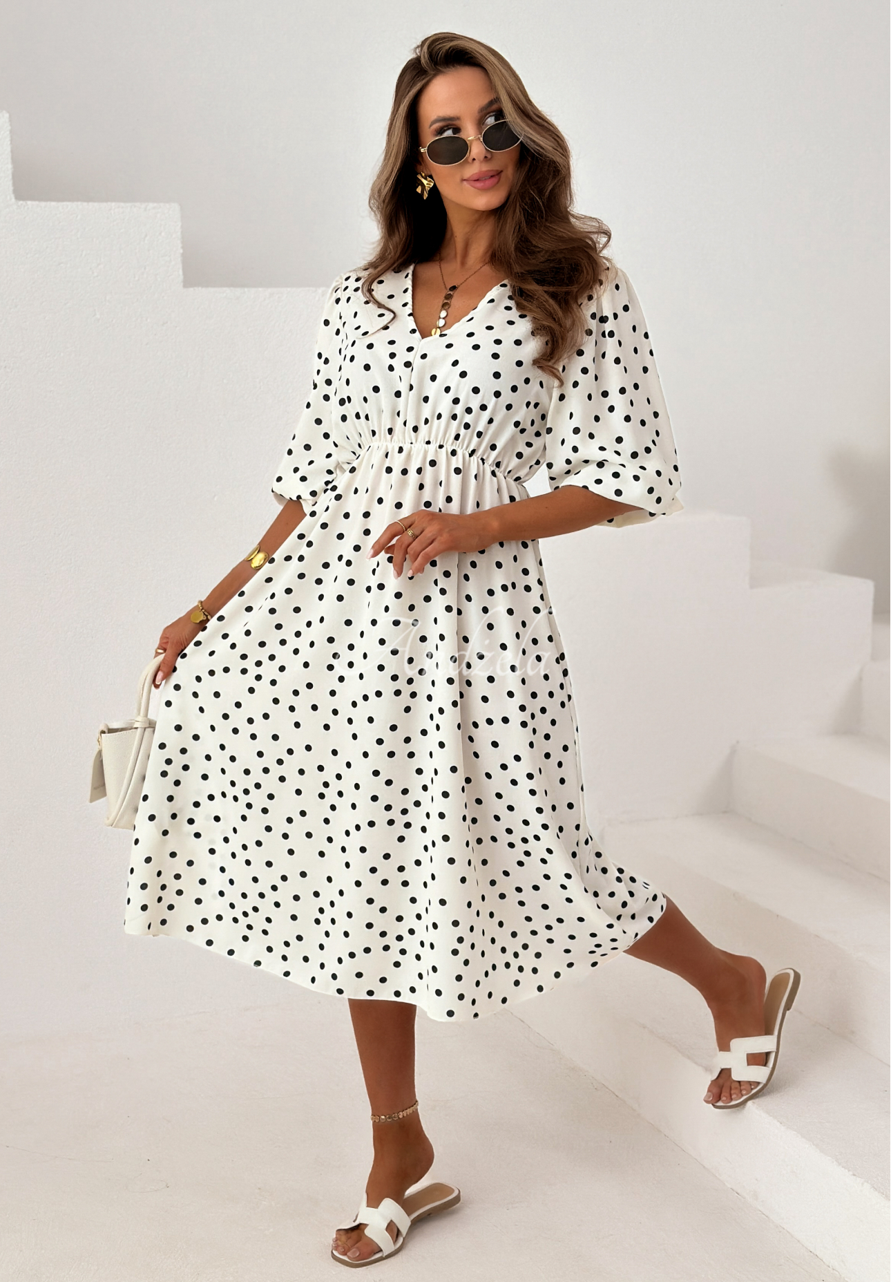 Portofino ecru viscose polka-dot midi dress