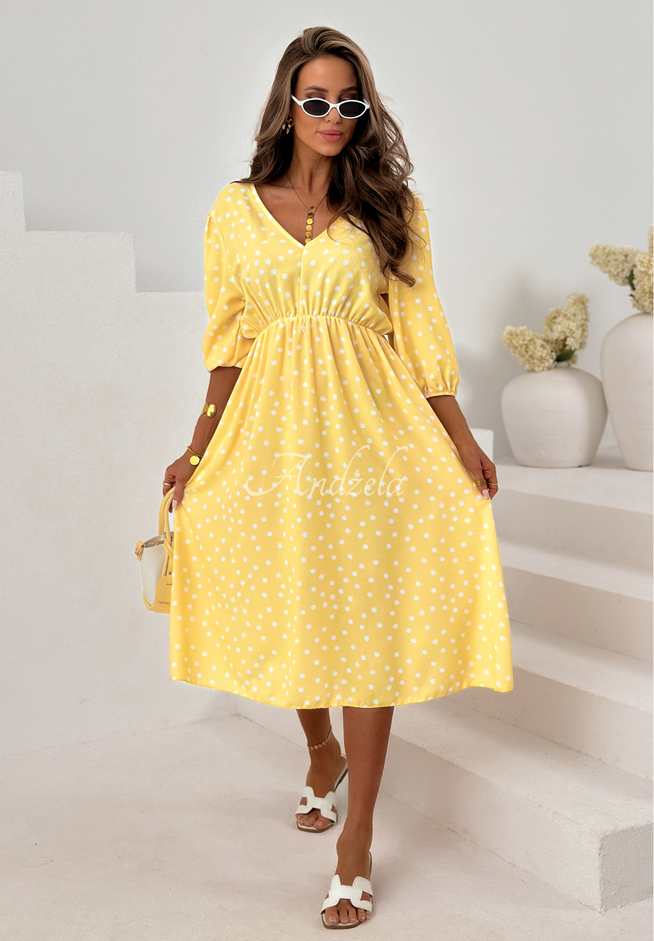 Portofino Yellow Viscose Polka Dot Midi Dress
