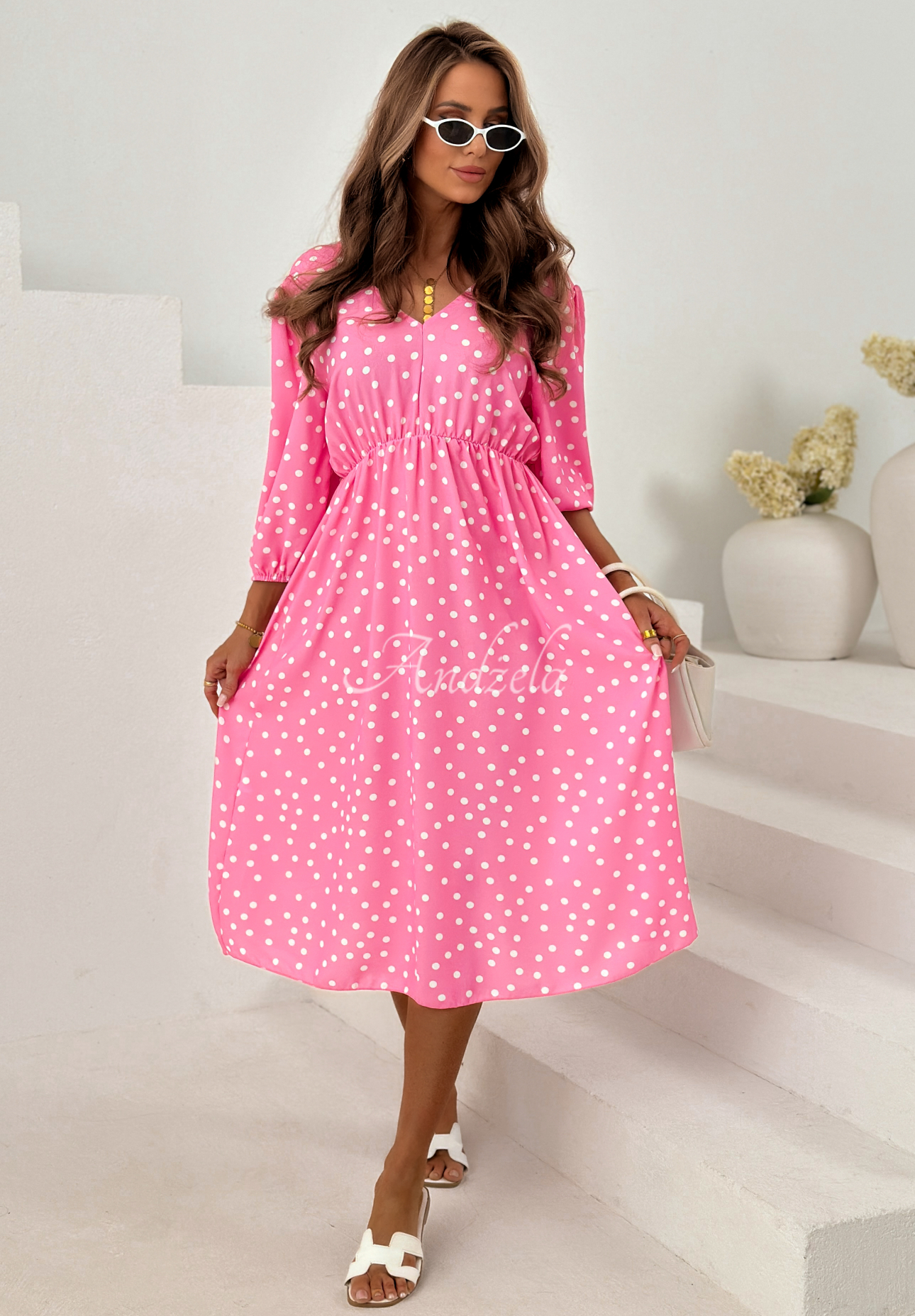 Portofino Pink Viscose Polka Dot Midi Dress