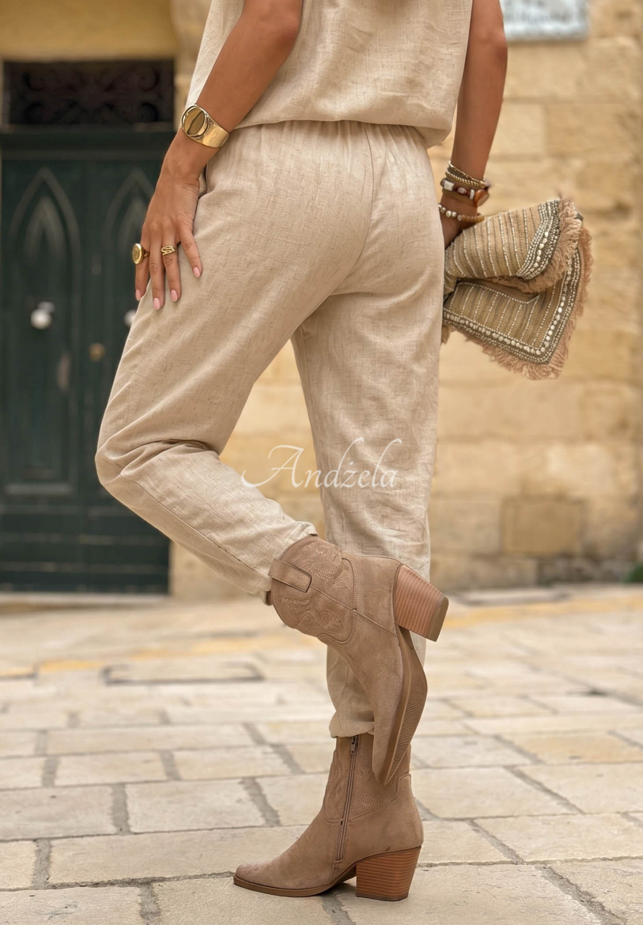 City Safari Beige Linen Set: Blouse with a V-neck and Jogger Pants