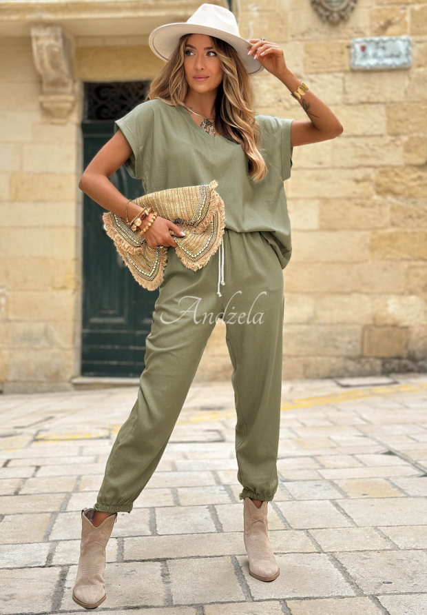 City Safari khaki linen set: blouse with a neckline and jogger pants