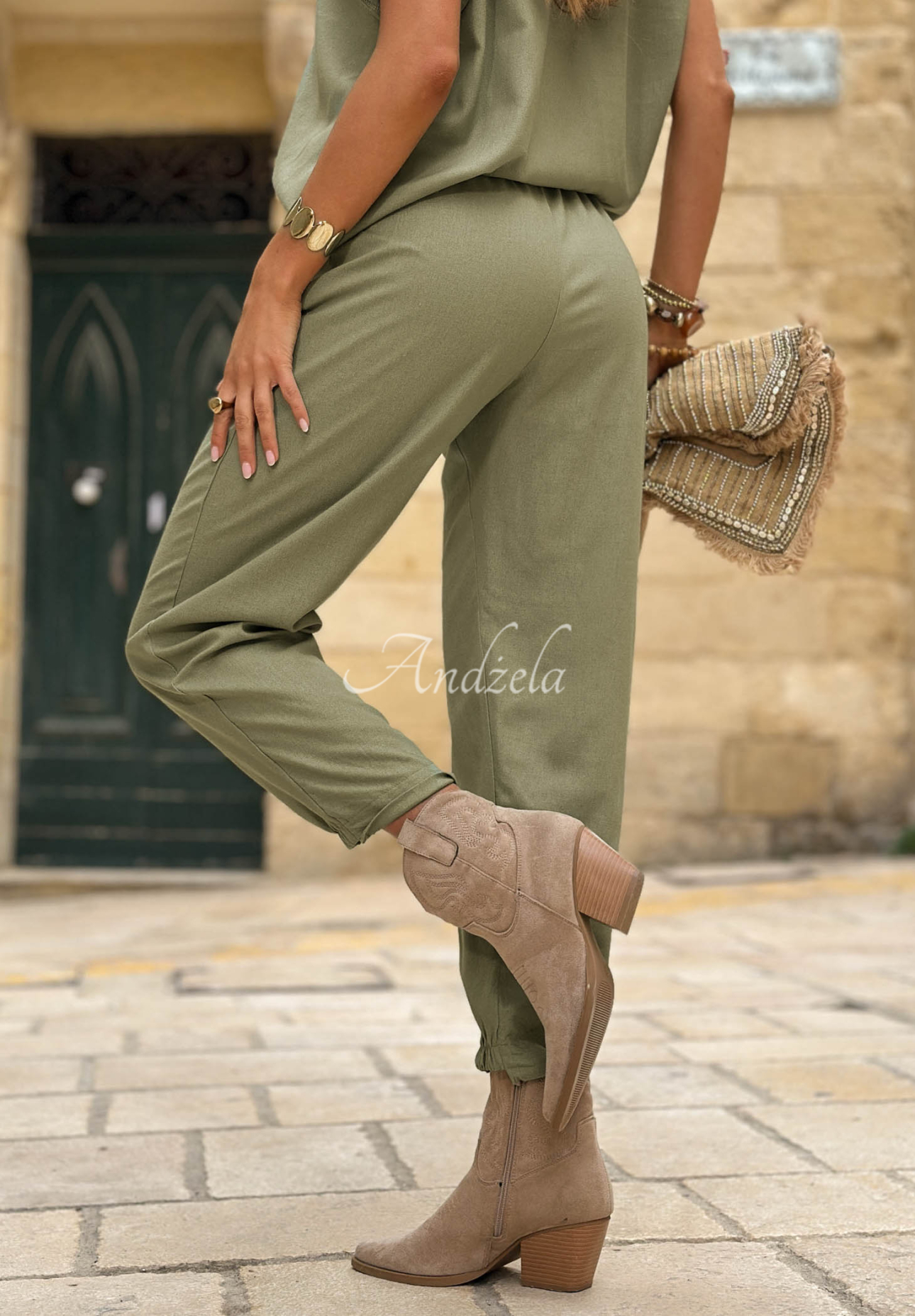 City Safari khaki linen set: blouse with a neckline and jogger pants