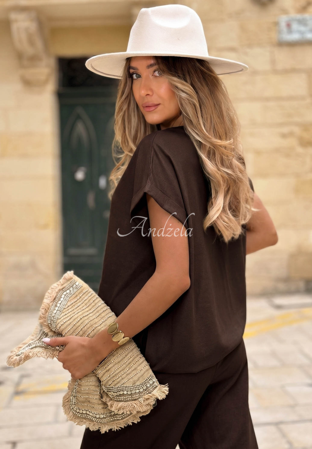 City Safari chocolate-colored linen set: blouse with a neckline and jogger pants