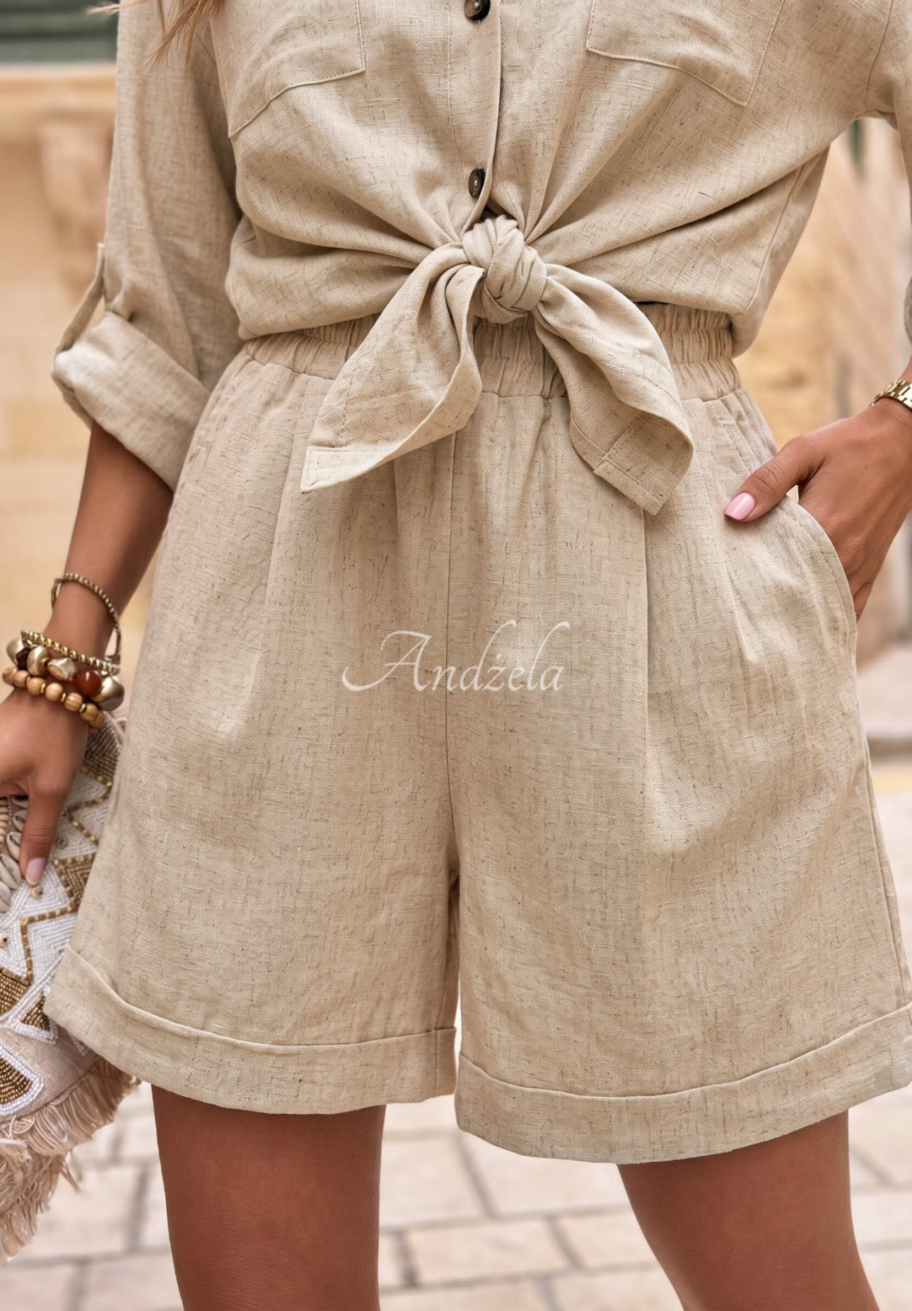 City Safari Beige Linen Shirt and Shorts Set